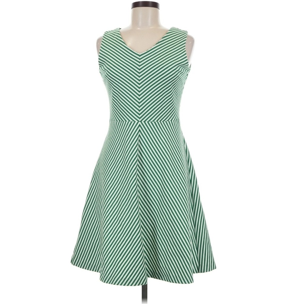 Talbots Green White Striped Fit Flare Dress Woman Petites 1XP Sleeveless V-Neck